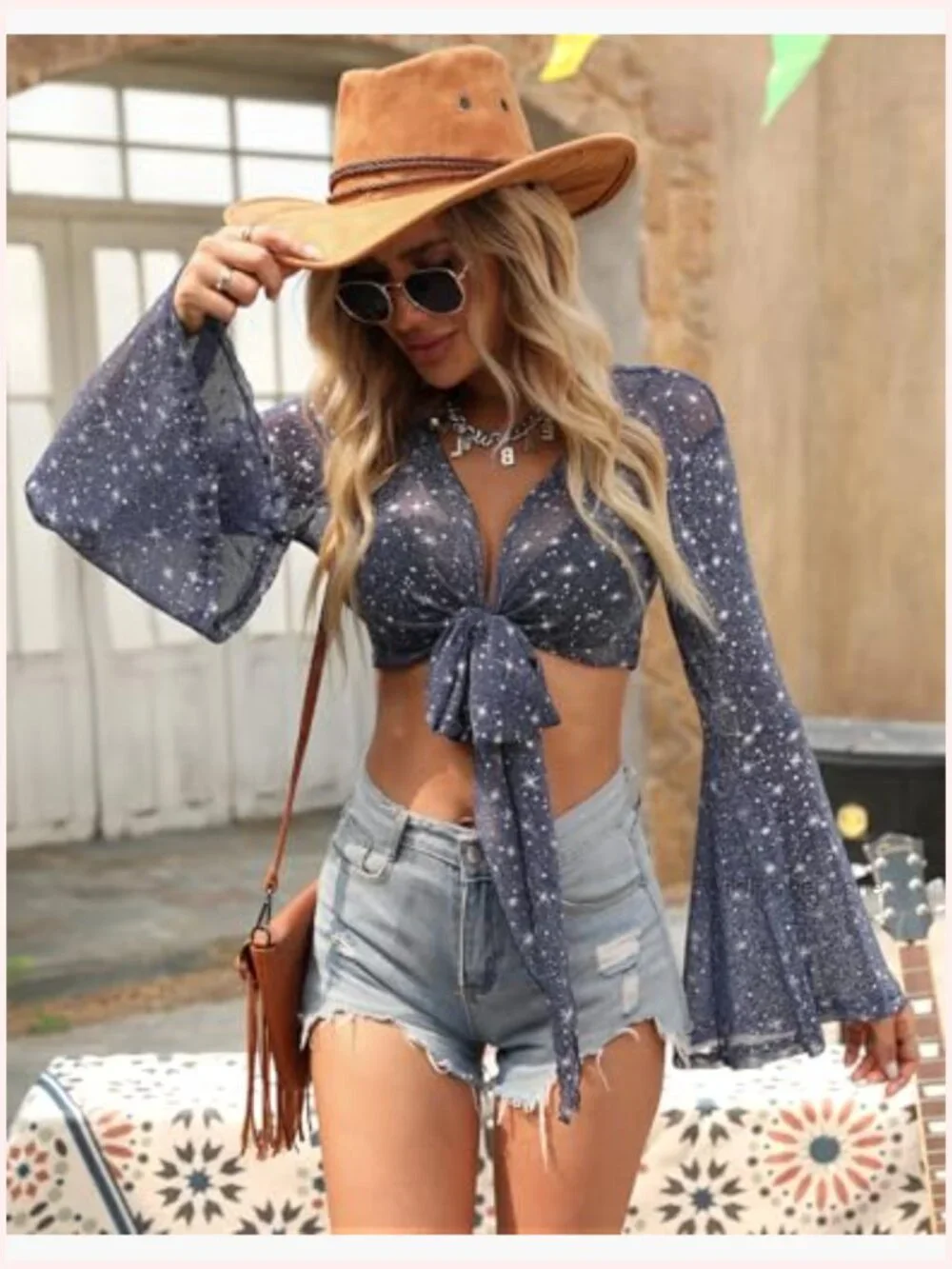 Women Tie Front Bell Sleeve Rave Crop Top Floral Print Mesh Sheer Shirt - Picture 2 of 7